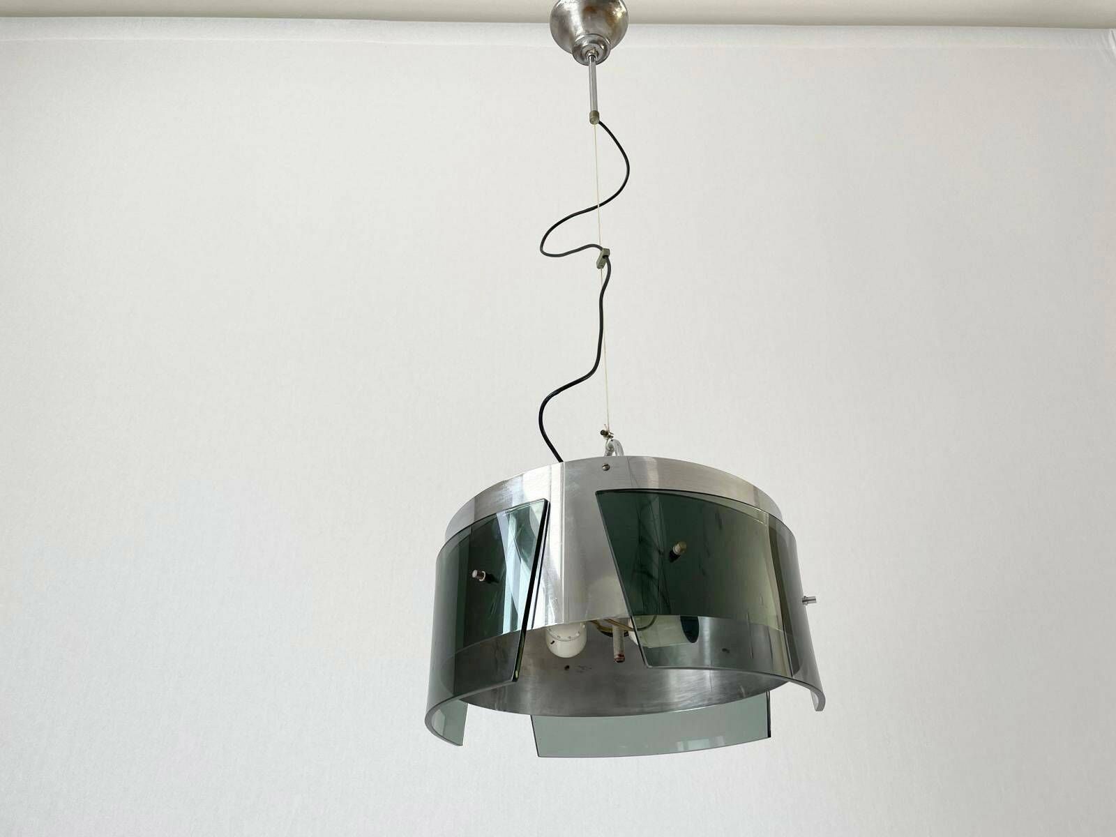 Italian Design Cylindrical Green Glass And Chrome Pendant Lamp, Italy, 1970s photo vinterior
