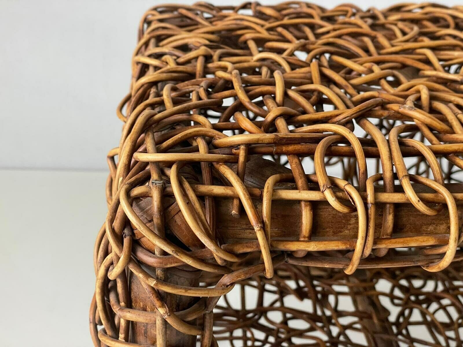 Unusual Italian Design Woven Bamboo Pair Of Bedside Tables, Italy, 1960s photo vintage