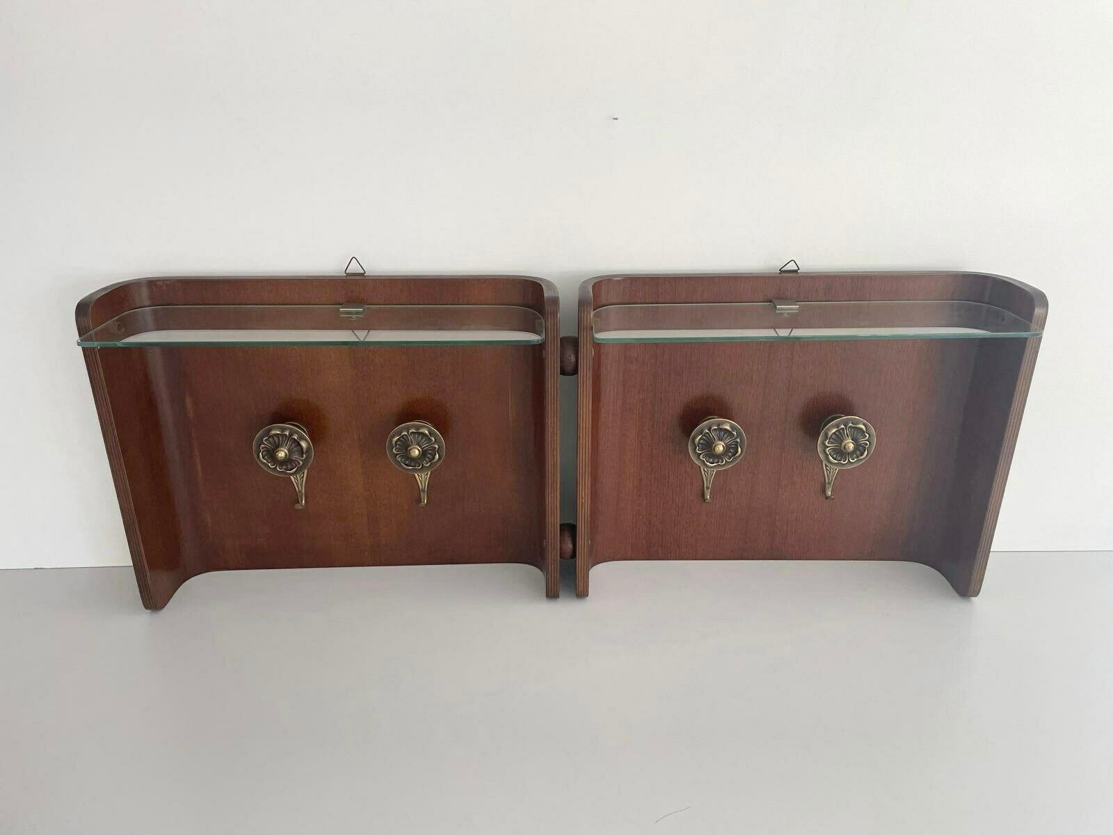 Italian Design Bent Wood Clothes Rack With 4 Brass Hanger And 2 Glass Shelf, Italy, 1960s photo furniture