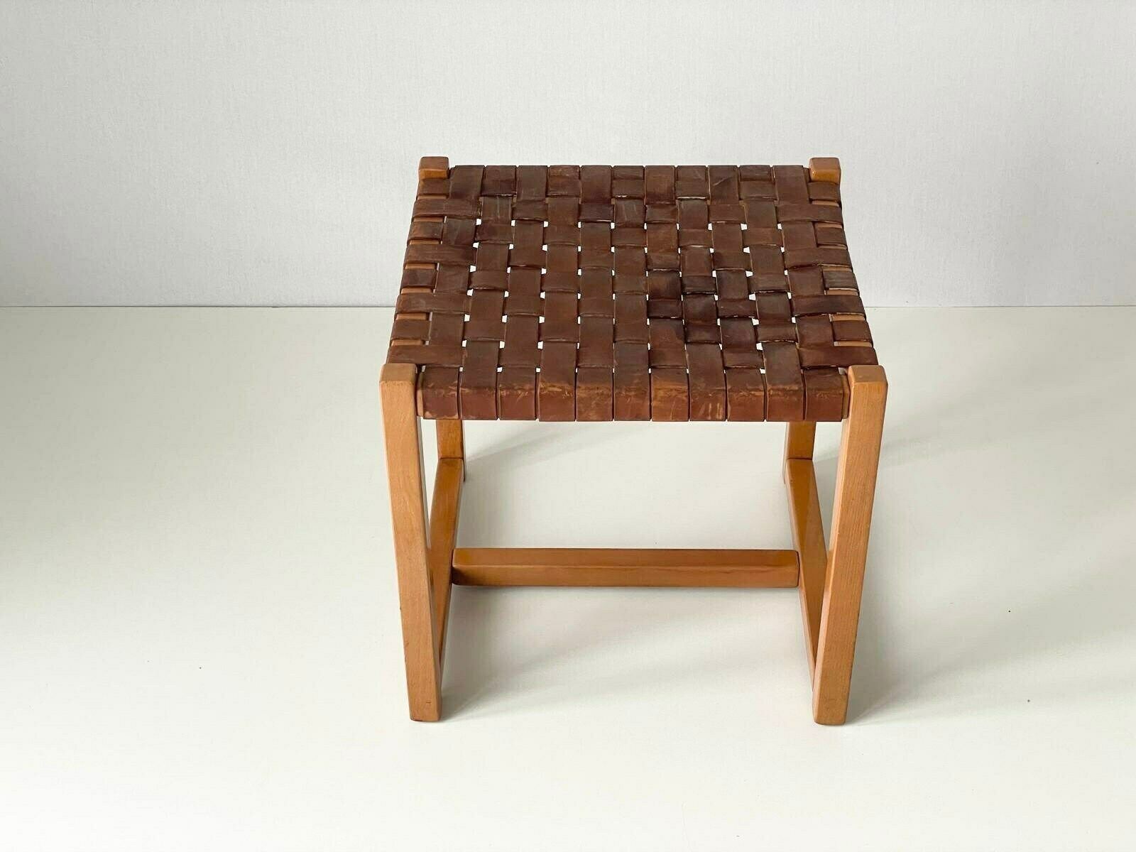 Italian Made Brown Woven Leather Top Wood Stool, Italy, 1970s