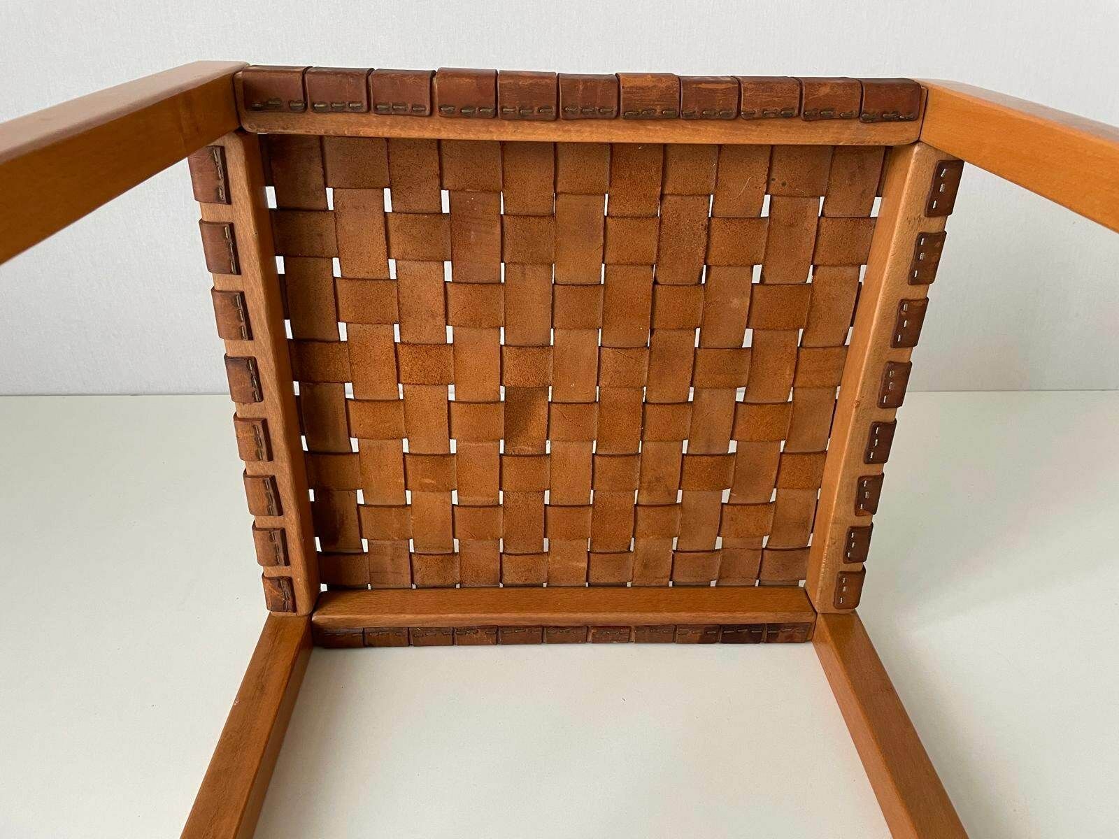 Italian Made Brown Woven Leather Top Wood Stool, Italy, 1970s photo vinterior
