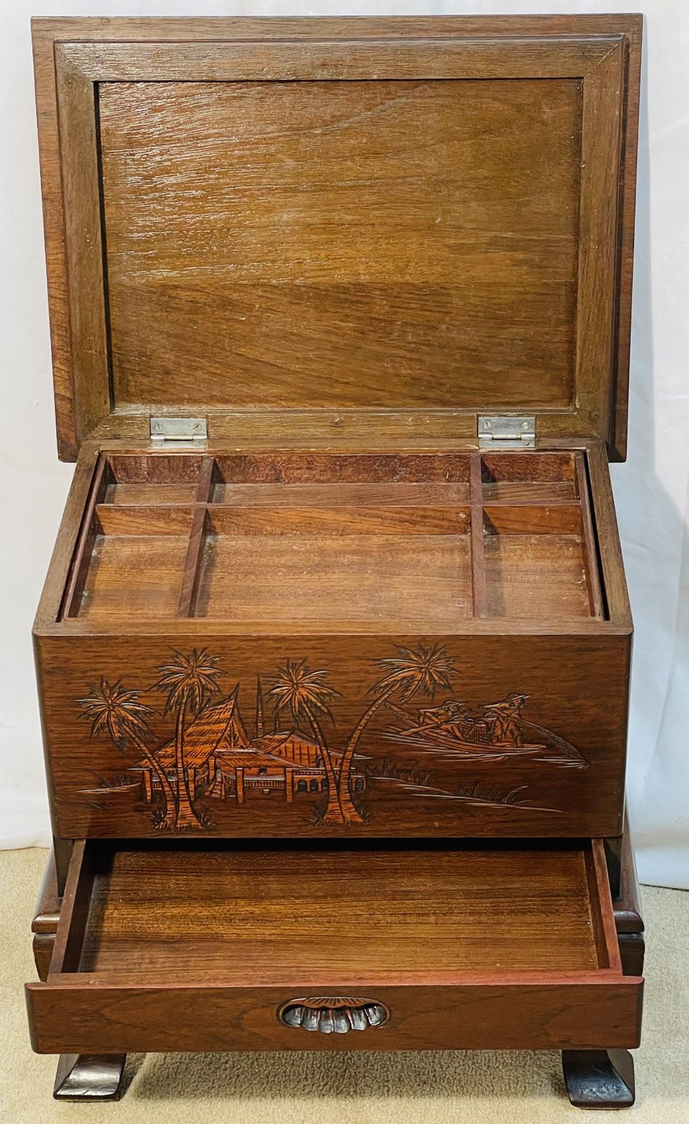 photo furniture Vintage Chinese Carved Sewing Stool Depicting Fishermen & Shore