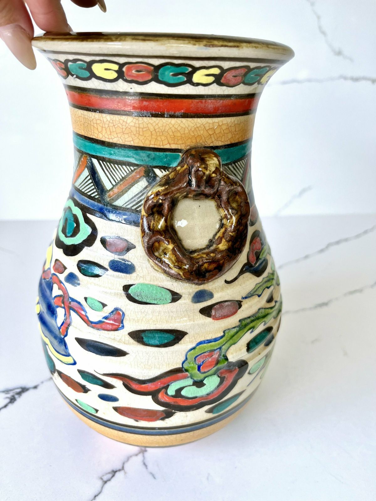 photo for sale Early 20th Century Japanese Colourful Hand Painted Ceramic Vase