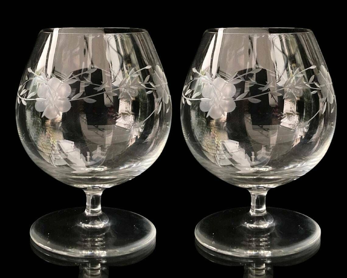 Art Deco Cognac Glasses | Antique Balloon Glasses | 2pcs | Roses Engraved | French