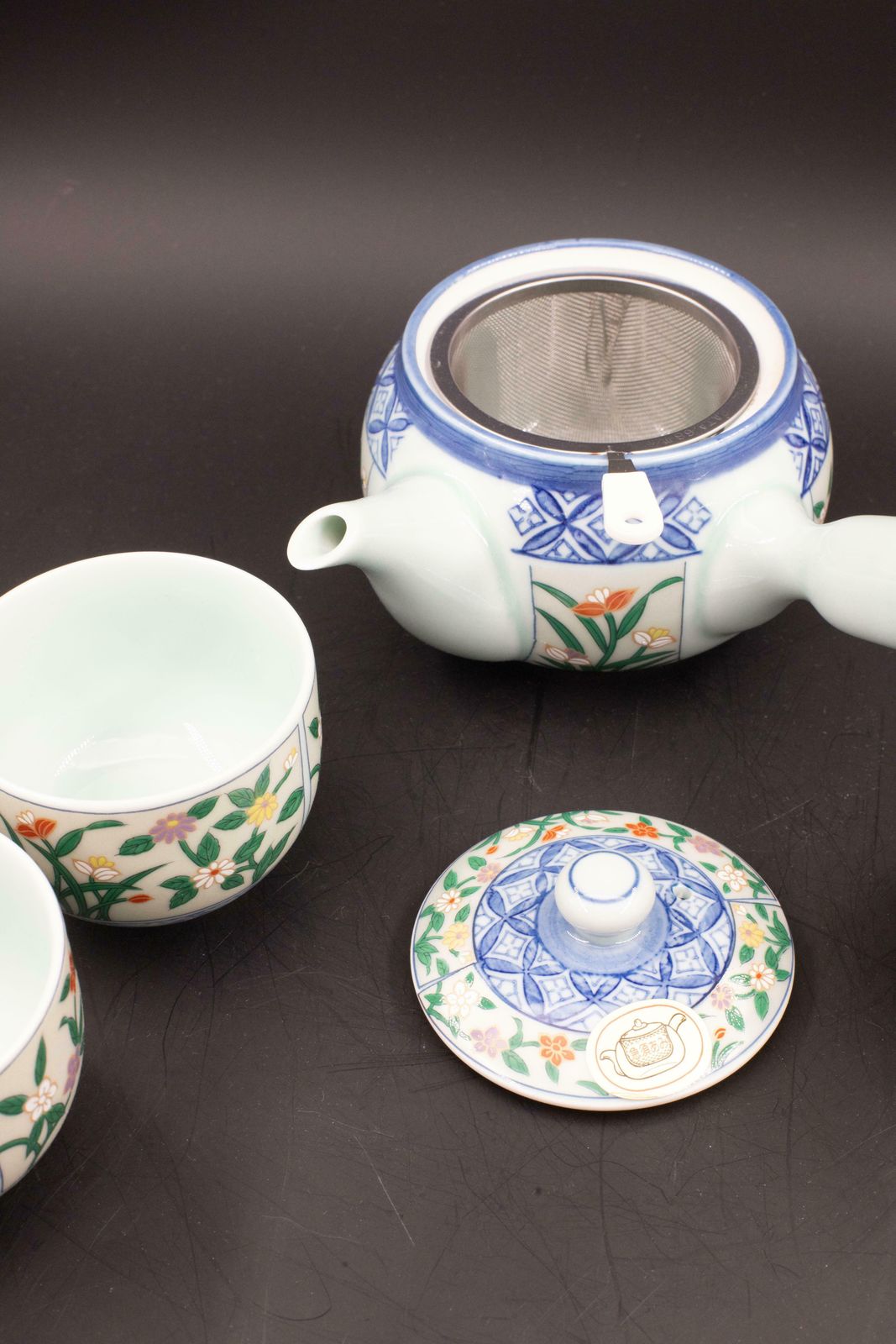 Home Decor Japanese Tea Set Tea Pot Strainer Cups Set Of 6 Hand Painted Celadon photo