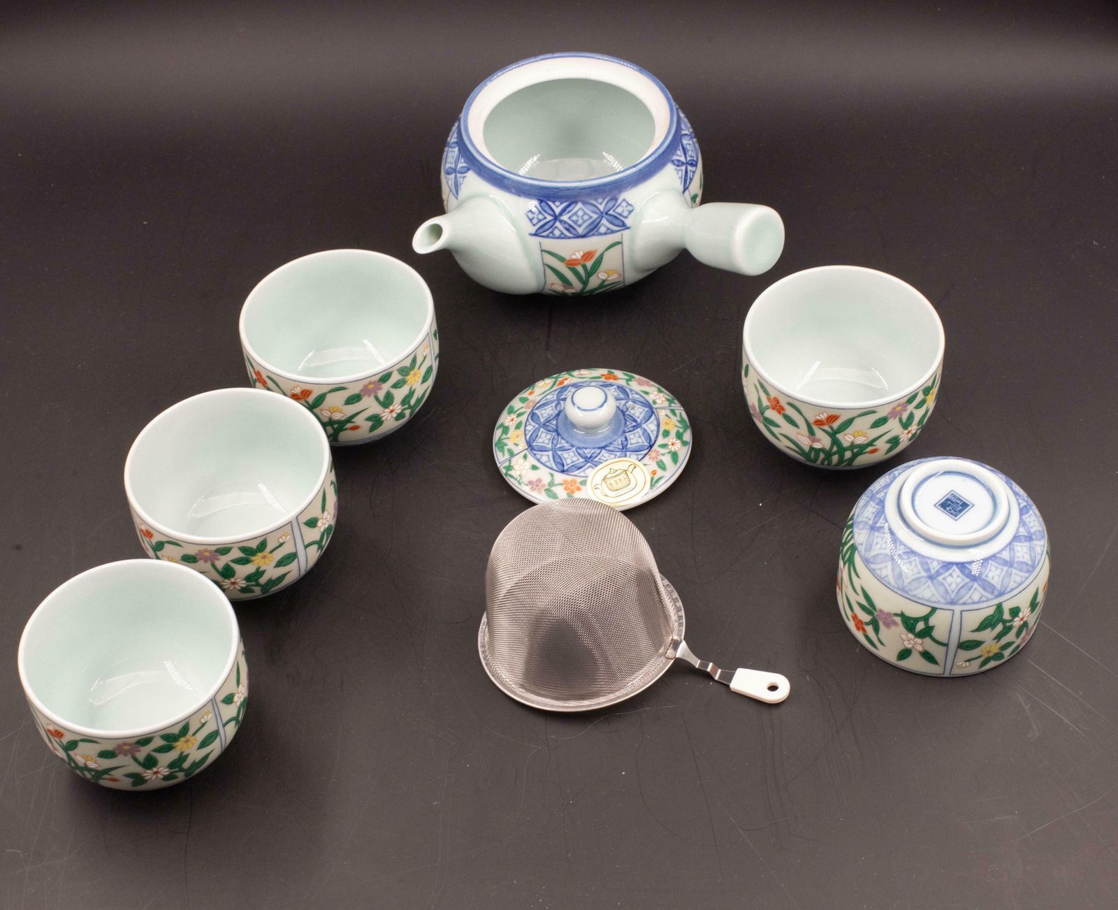 photo vinterior Japanese Tea Set Tea Pot Strainer Cups Set Of 6 Hand Painted Celadon