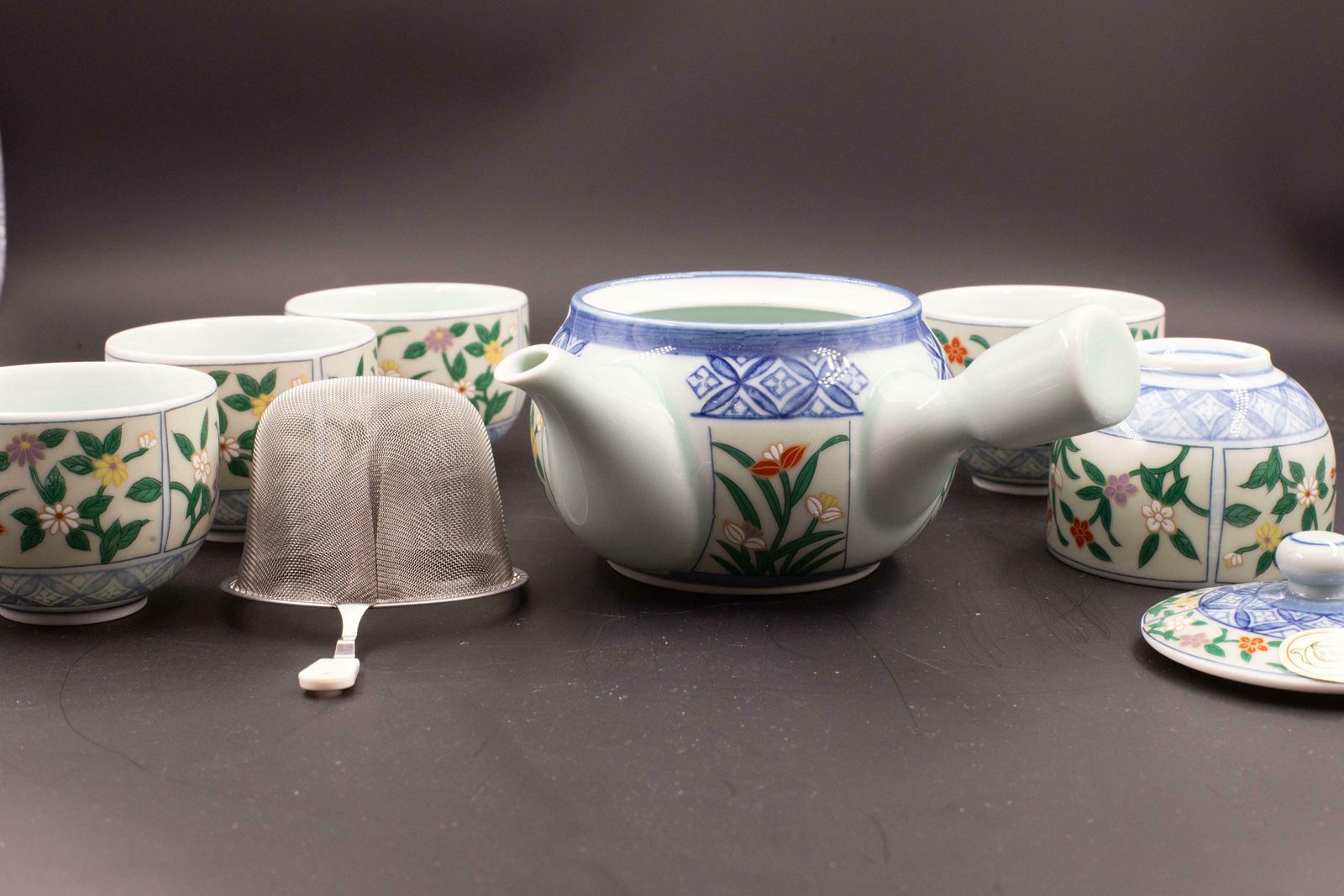 photo buy Japanese Tea Set Tea Pot Strainer Cups Set Of 6 Hand Painted Celadon