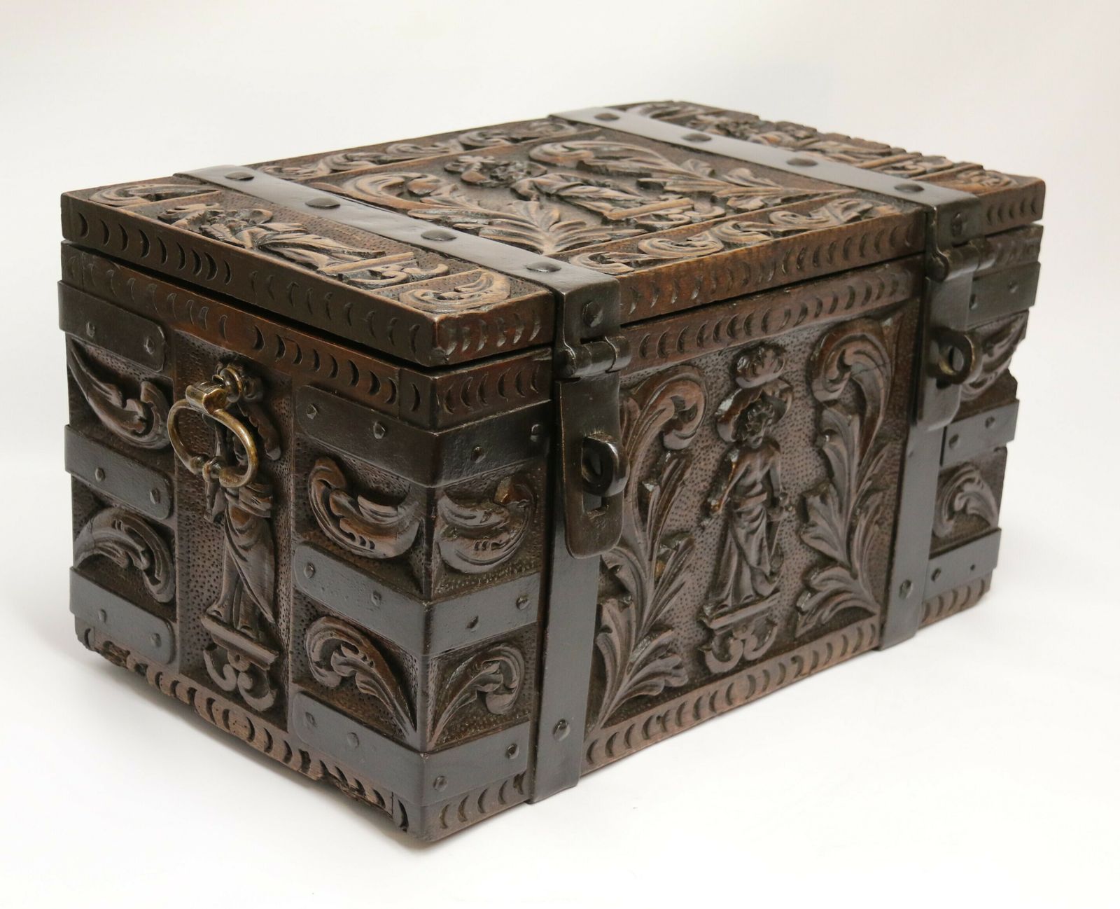 A Rare Ships Or Country House Carved Oak And Steel Bound Strong Box Circa 1840