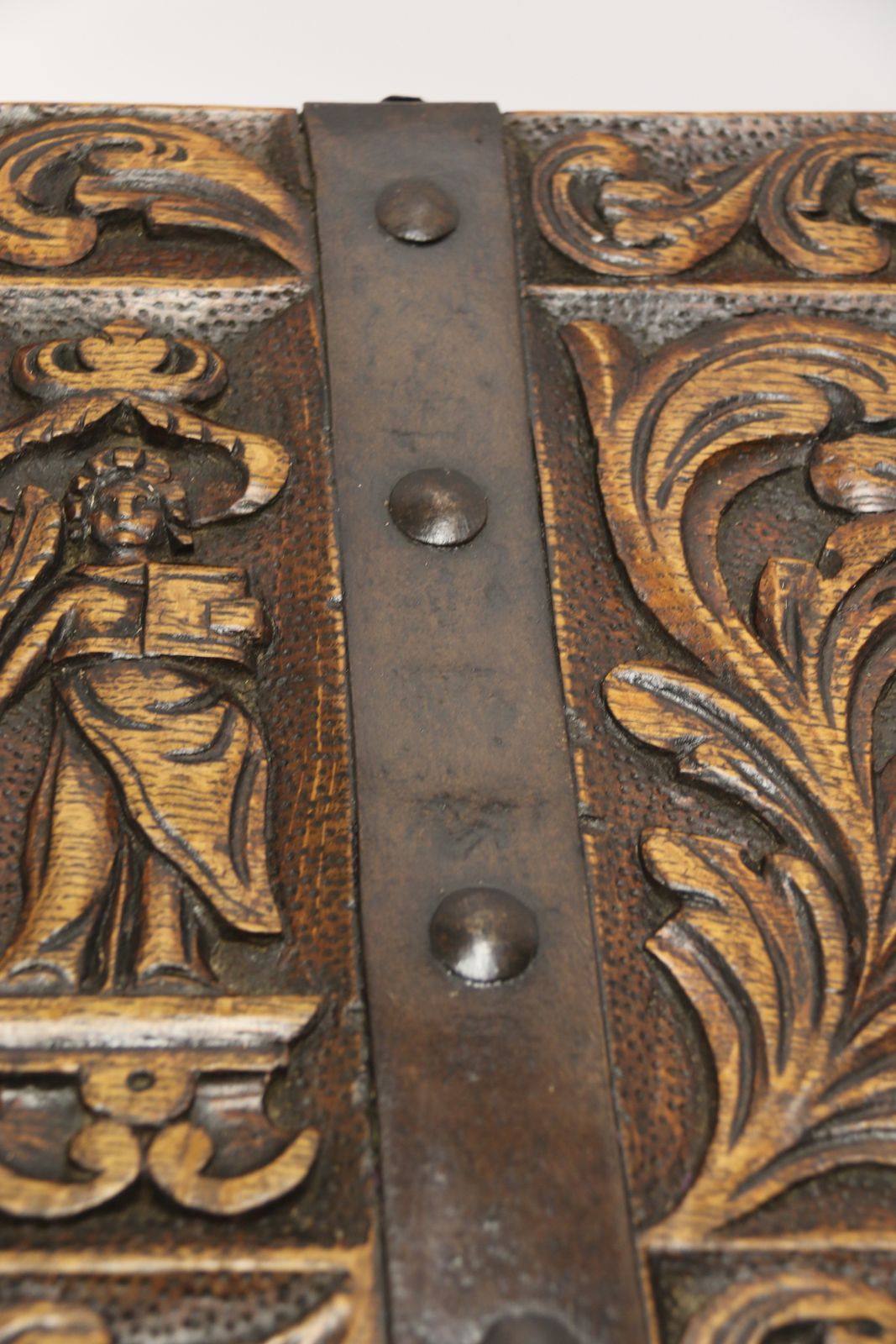 Furniture A Rare Ships Or Country House Carved Oak And Steel Bound Strong Box Circa 1840 photo
