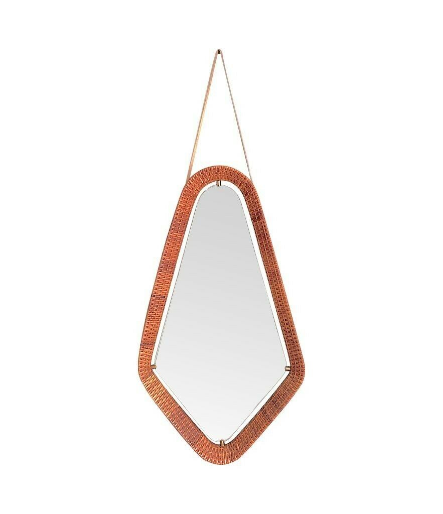 An Unusual Italian 1950s Diamond Shaped Rattan And Brass Framed Mirror With Leather Hanging Strap