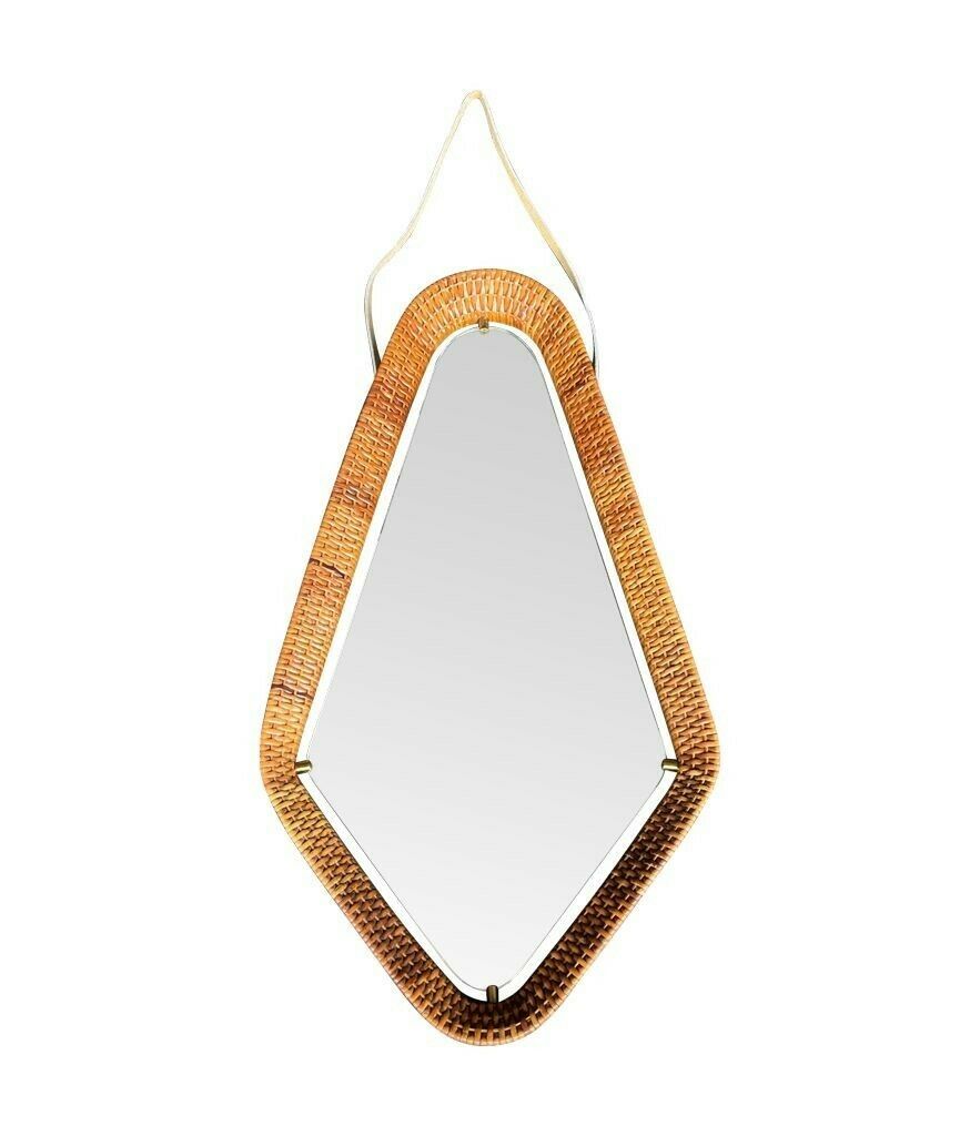 An Unusual Italian 1950s Diamond Shaped Rattan And Brass Framed Mirror With Leather Hanging Strap photo vintage