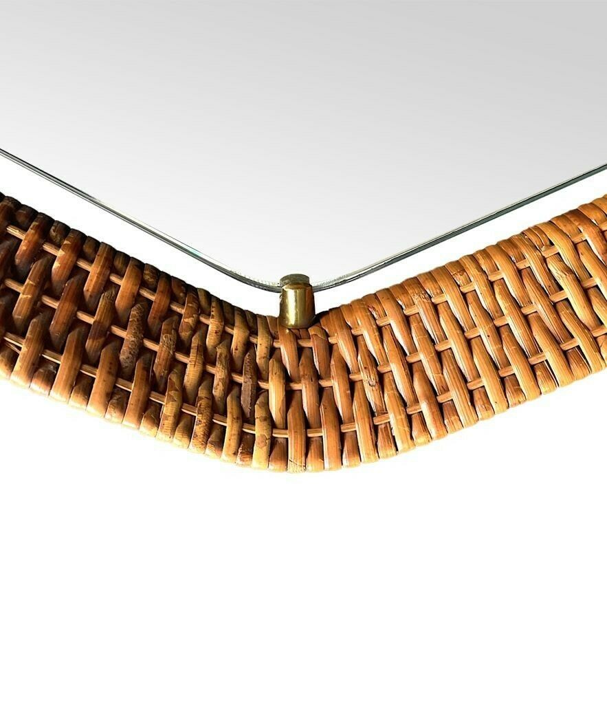photo vinterior An Unusual Italian 1950s Diamond Shaped Rattan And Brass Framed Mirror With Leather Hanging Strap