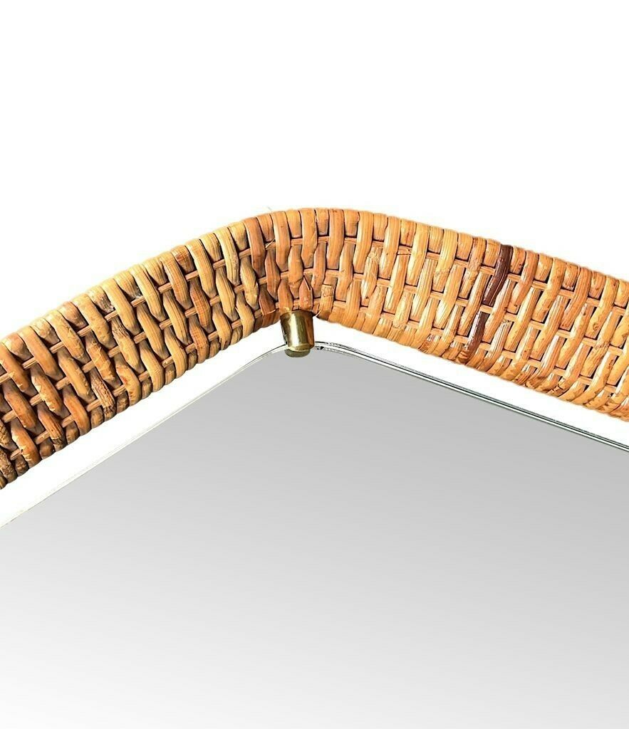 photo buy An Unusual Italian 1950s Diamond Shaped Rattan And Brass Framed Mirror With Leather Hanging Strap