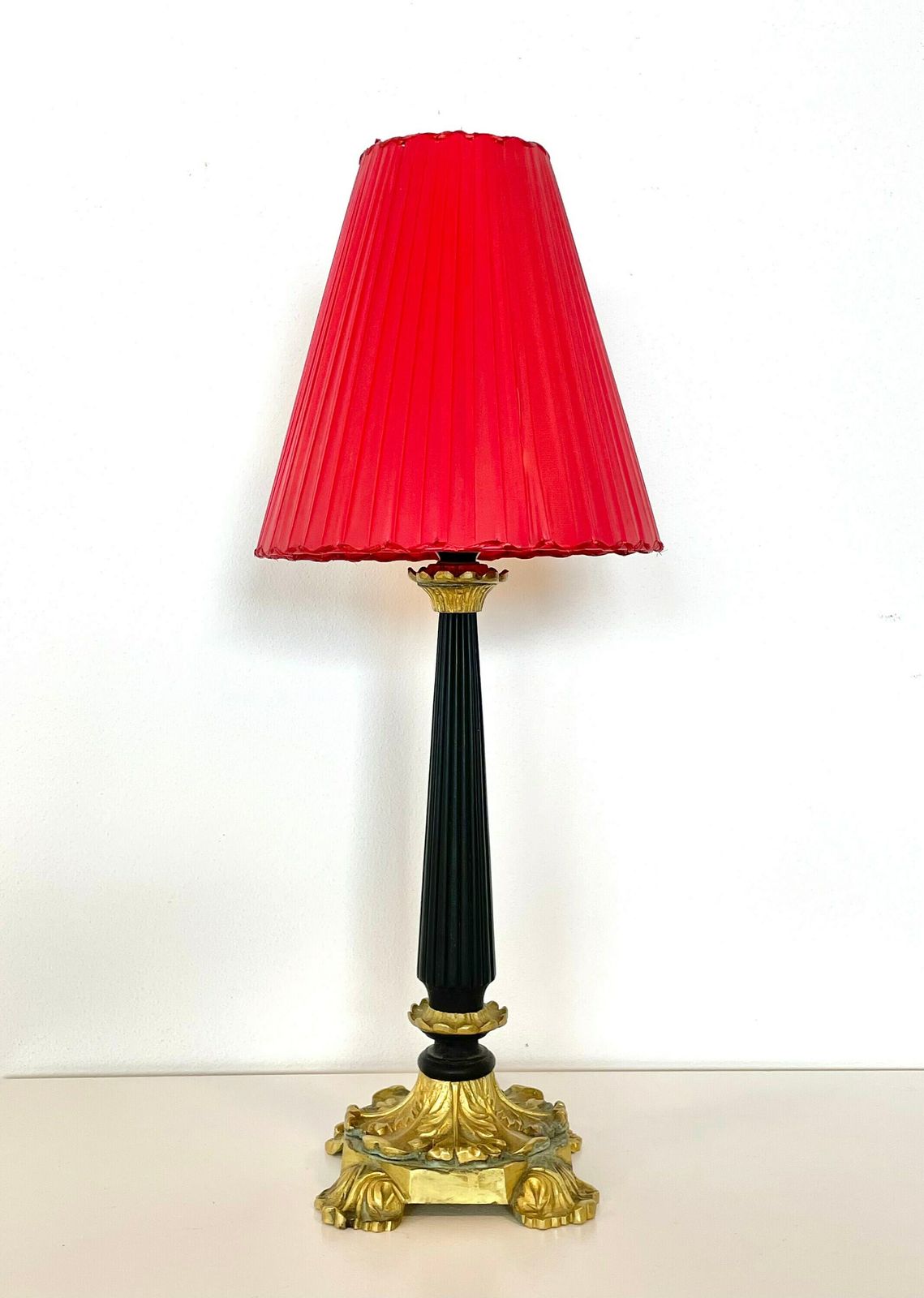 Art Deco Table Lamp In Brass And Black Painted Wood With Organic Shapes, Beautiful Base And Unique Red Fabric Ribbon Shade photo vinterior