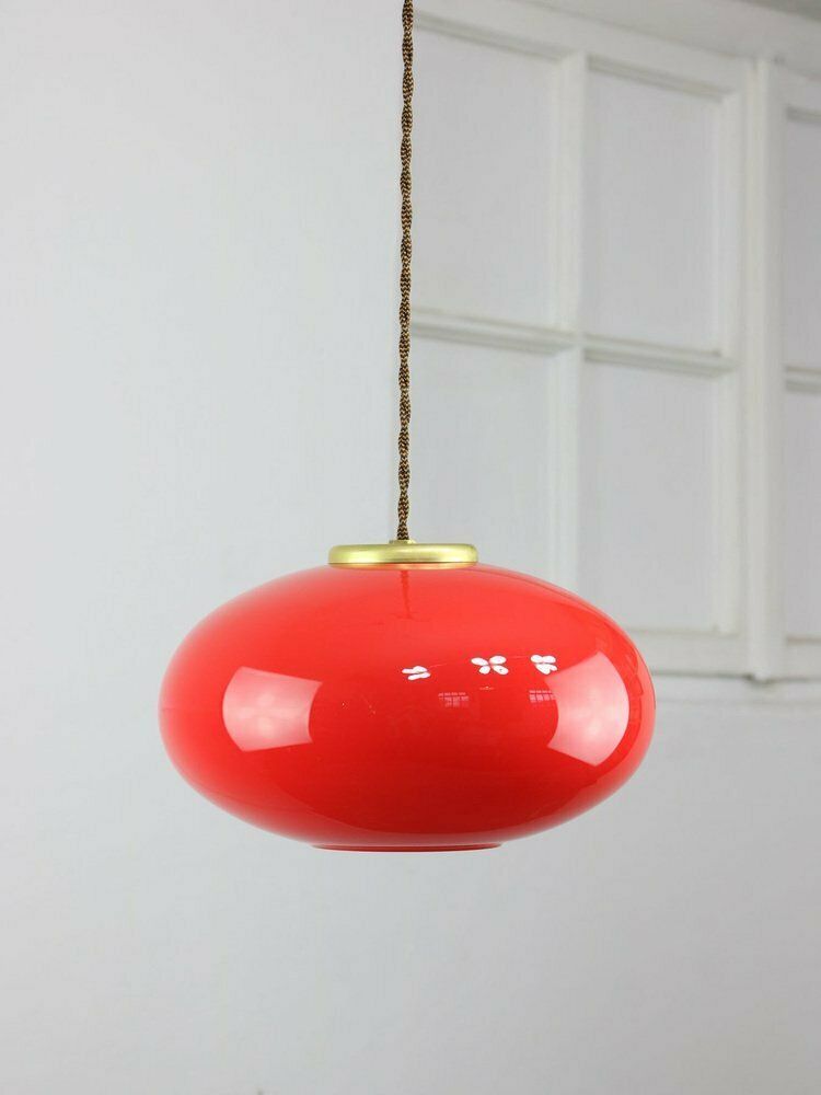 Mid Century Modern Italian Brass And Red Glass Pendant Lamp, 1960s photo Lighting