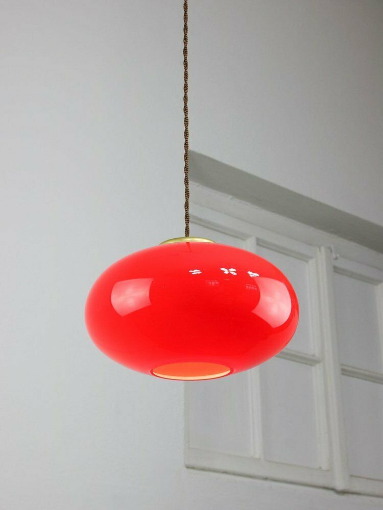 Mid Century Modern Italian Brass And Red Glass Pendant Lamp, 1960s photo vintage