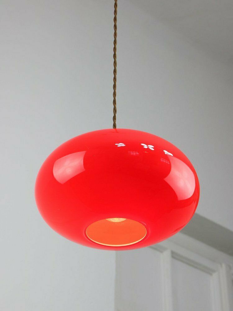 photo furniture Mid Century Modern Italian Brass And Red Glass Pendant Lamp, 1960s