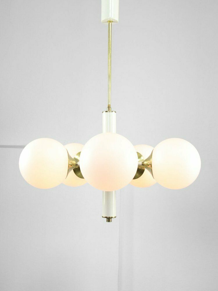 Vintage Italian Brass And Opaline Sputnik Chandelier, 1970s photo furniture