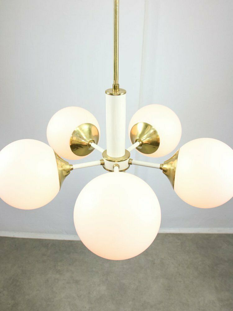 Vintage Italian Brass And Opaline Sputnik Chandelier, 1970s photo for sale