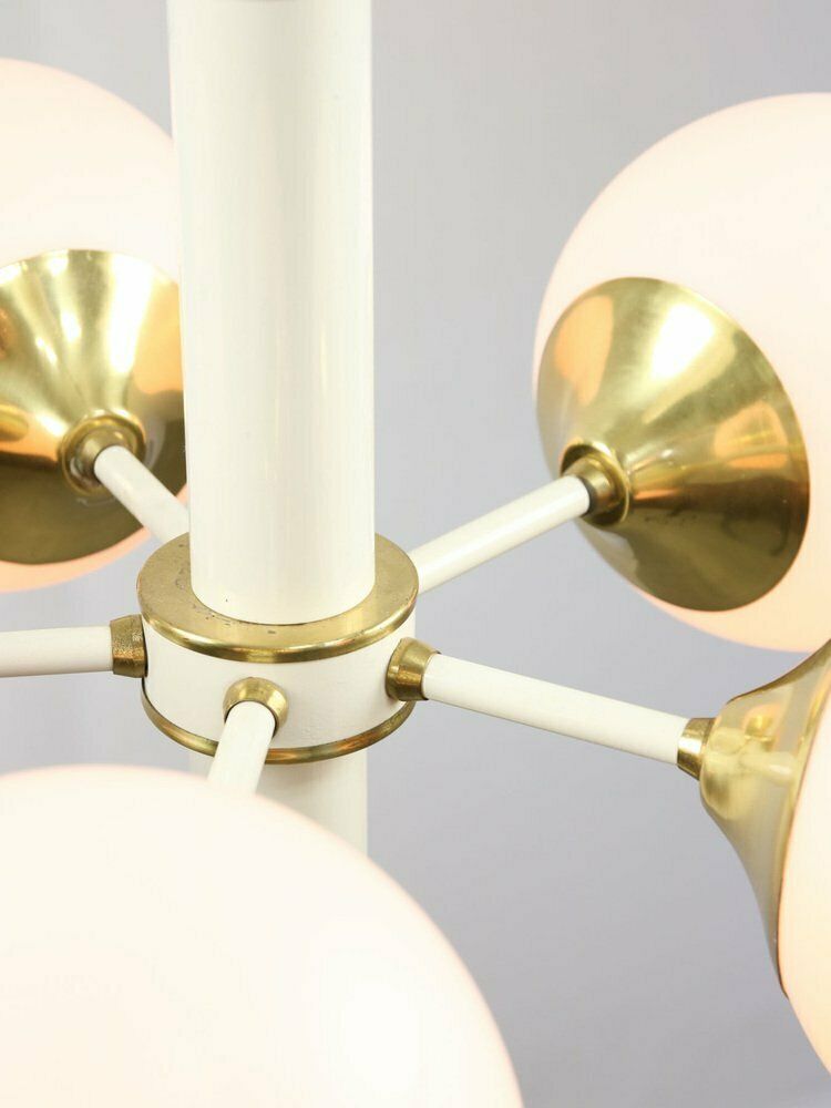 Vintage Italian Brass And Opaline Sputnik Chandelier, 1970s photo Lighting