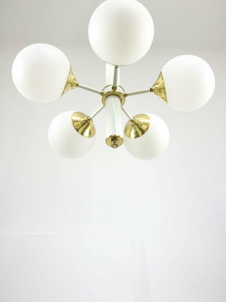 990.0 Vintage Italian Brass And Opaline Sputnik Chandelier, 1970s photo