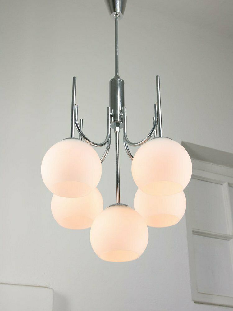 Vintage Italian Chrome And Opaline Chandelier, 1970s photo furniture