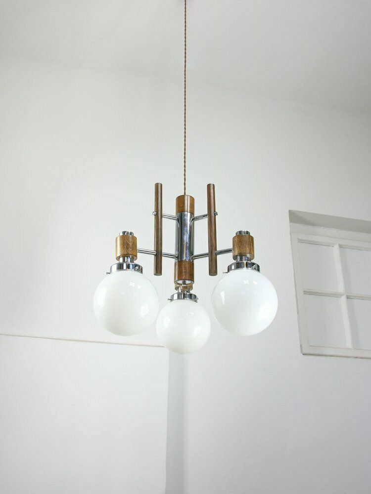 photo for sale Mid Century Scandinavian Chrome & Opaline Chandelier, 1960s