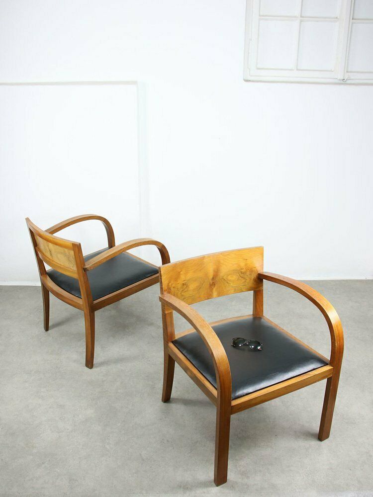 Large Italian Art Deco Lounge Chairs In Wood & Black Leatherette, Set Of 2 photo 2945.0