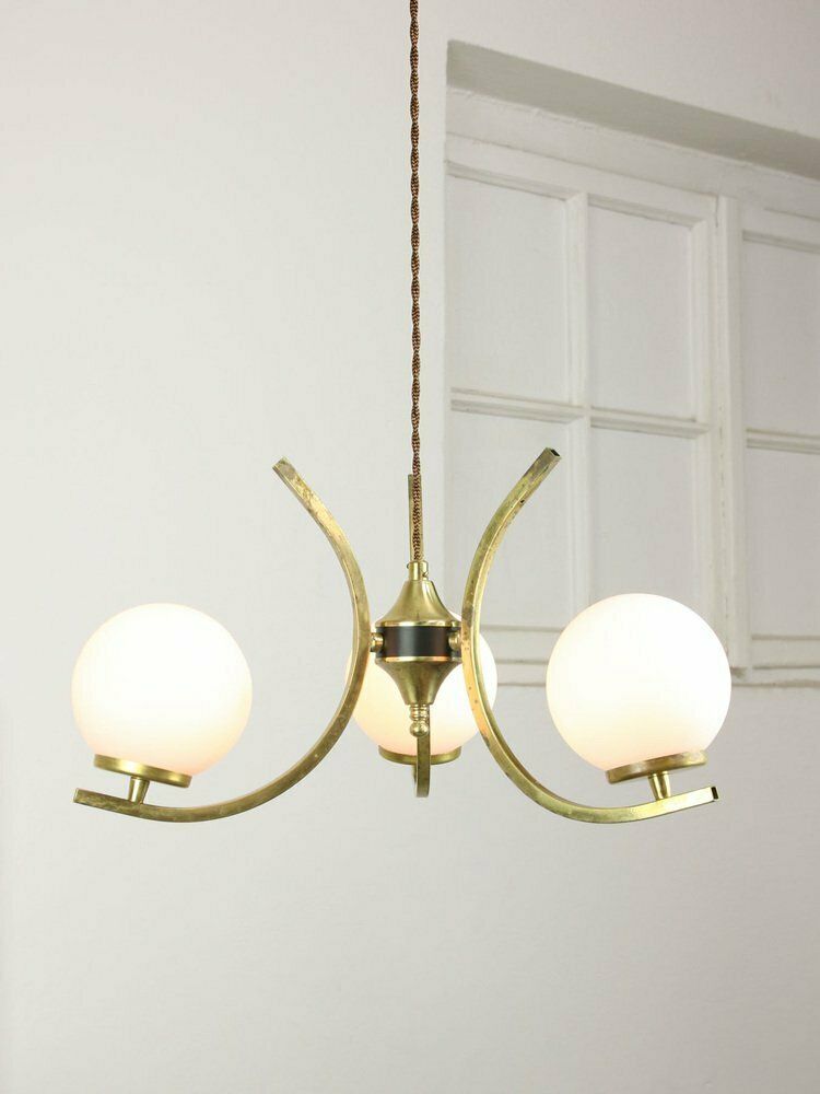 Mid Century Italian Brass And Opaline Chandelier photo 923.0