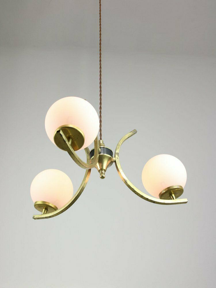 Mid Century Italian Brass And Opaline Chandelier photo vinterior