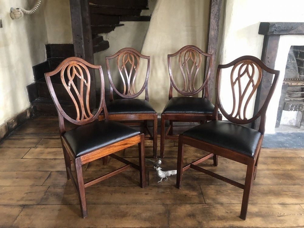 Rare Original Georgian Antique Black Genuine Leather Early Hepplewhite Country Chairs 1700 C Set Of 4 photo furniture