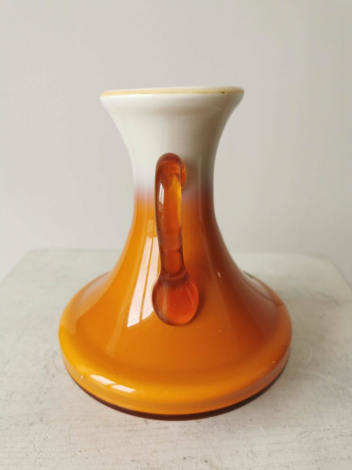 Murano Ceramic Vintage Cased Glass Vase With Handle. Retro Modern Vase From 70's Yugoslavia Signed Handmade photo for sale