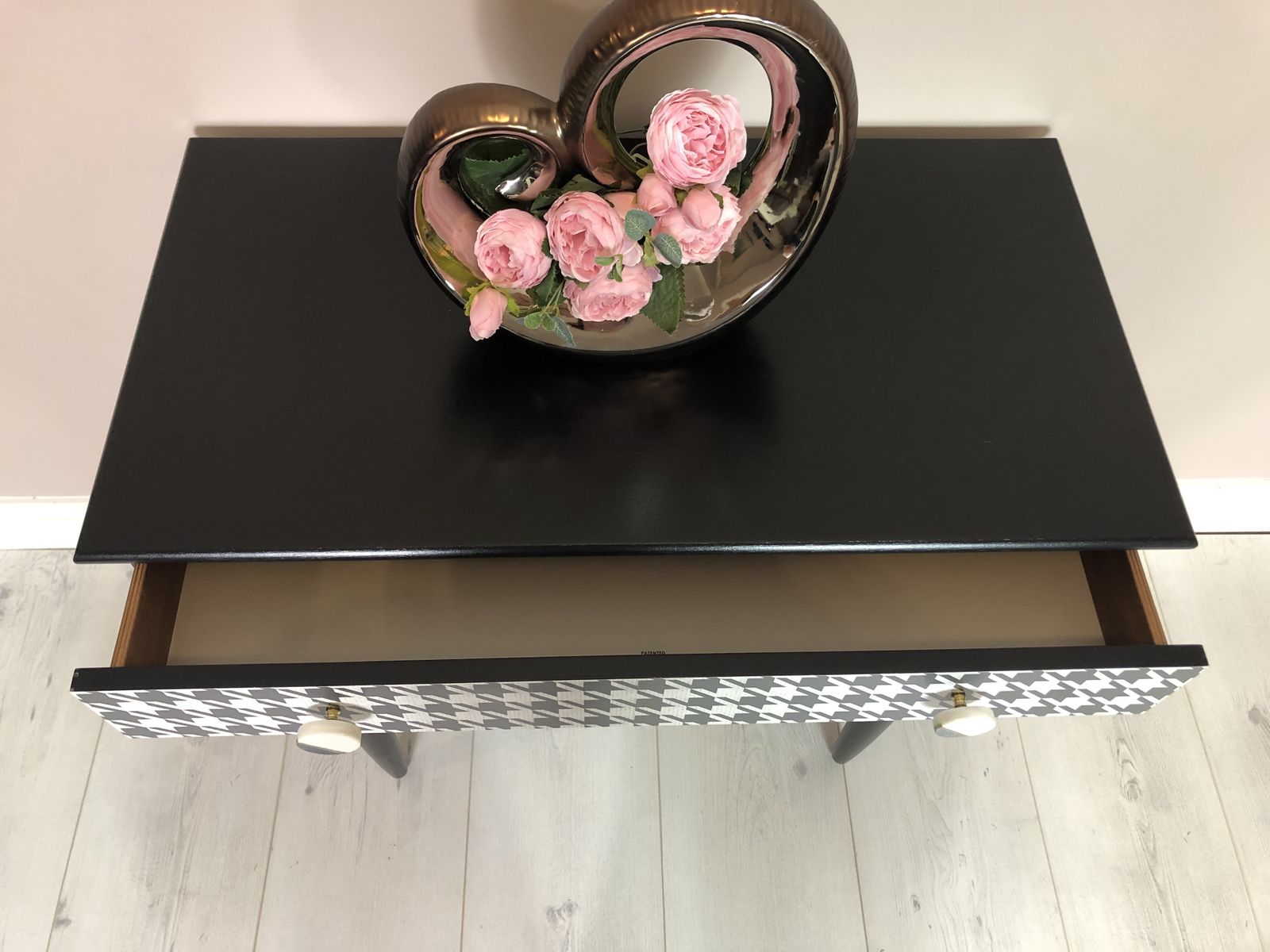 photo furniture Schreiber Retro Chest Of 3 Drawer/ Side Table, Hand Painted In Black Satin Colour, Decoupaged With Dogtooth Pattern/ Marble Handles