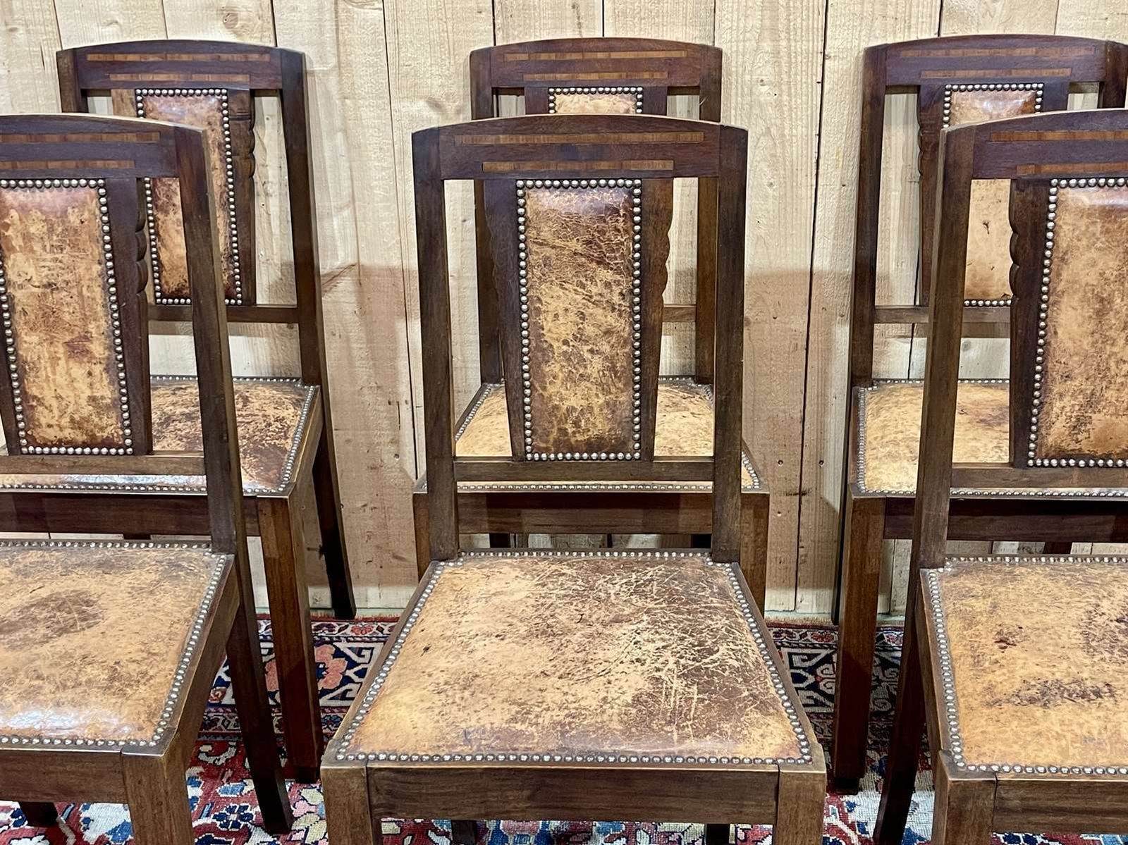 Series Of 6 Art Deco Chairs In Mahogany And Leather From The 1930s photo Furniture
