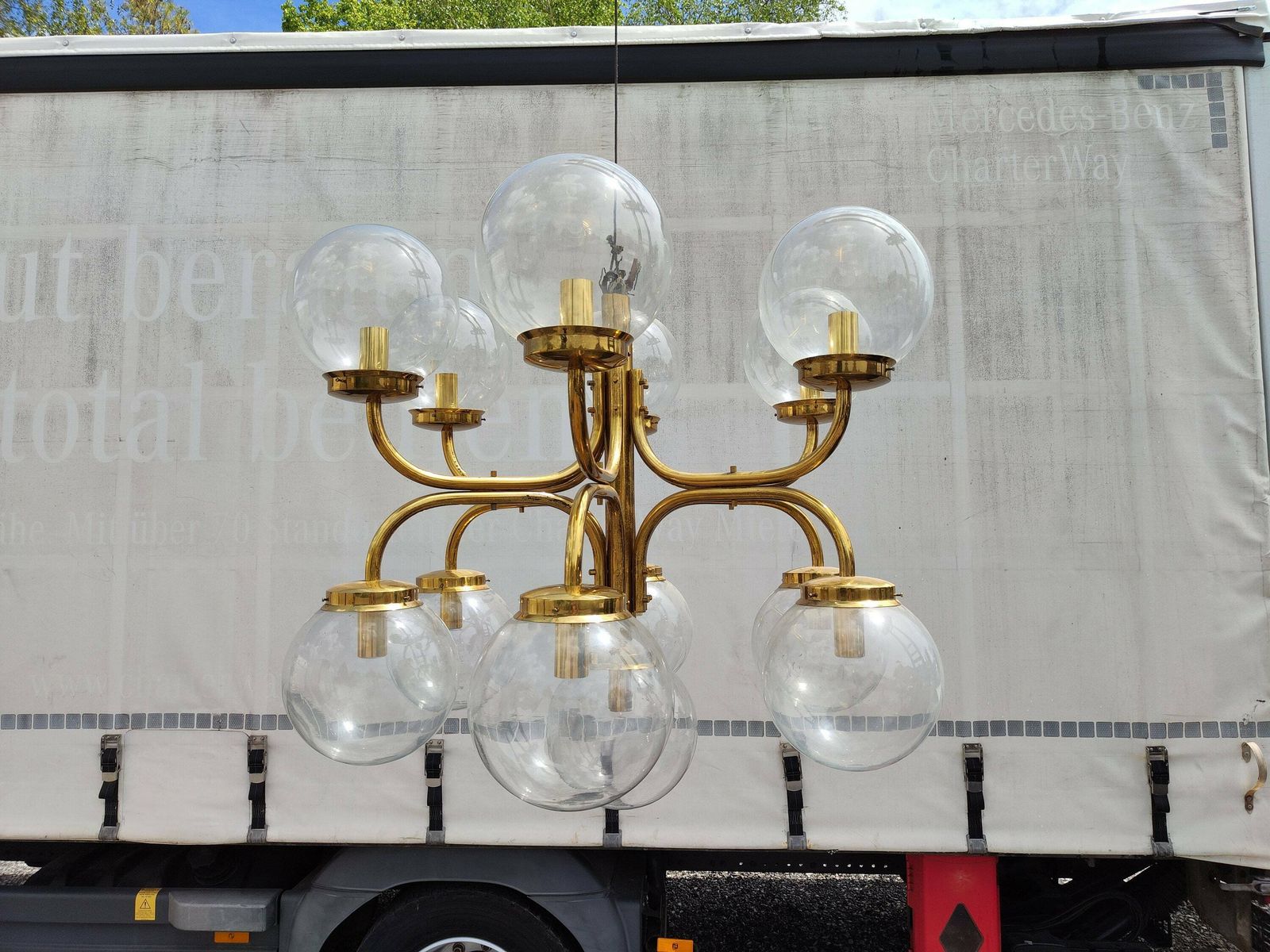 Large Brass Pendant Chandelier / Hanging Light With Big Glass Bulbs / Italian Style Light / Hall / Church / Old Money Light / 1960 / Xxl photo furniture