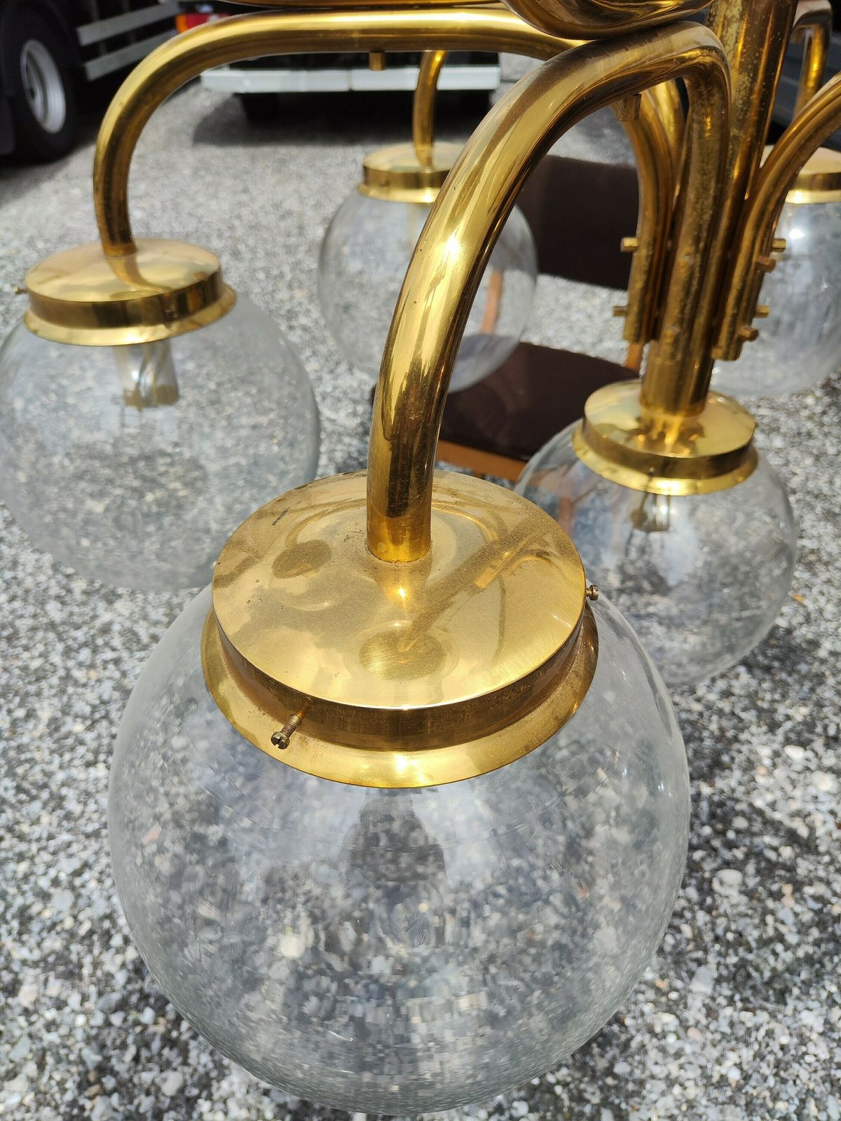 Large Brass Pendant Chandelier / Hanging Light With Big Glass Bulbs / Italian Style Light / Hall / Church / Old Money Light / 1960 / Xxl photo vintage