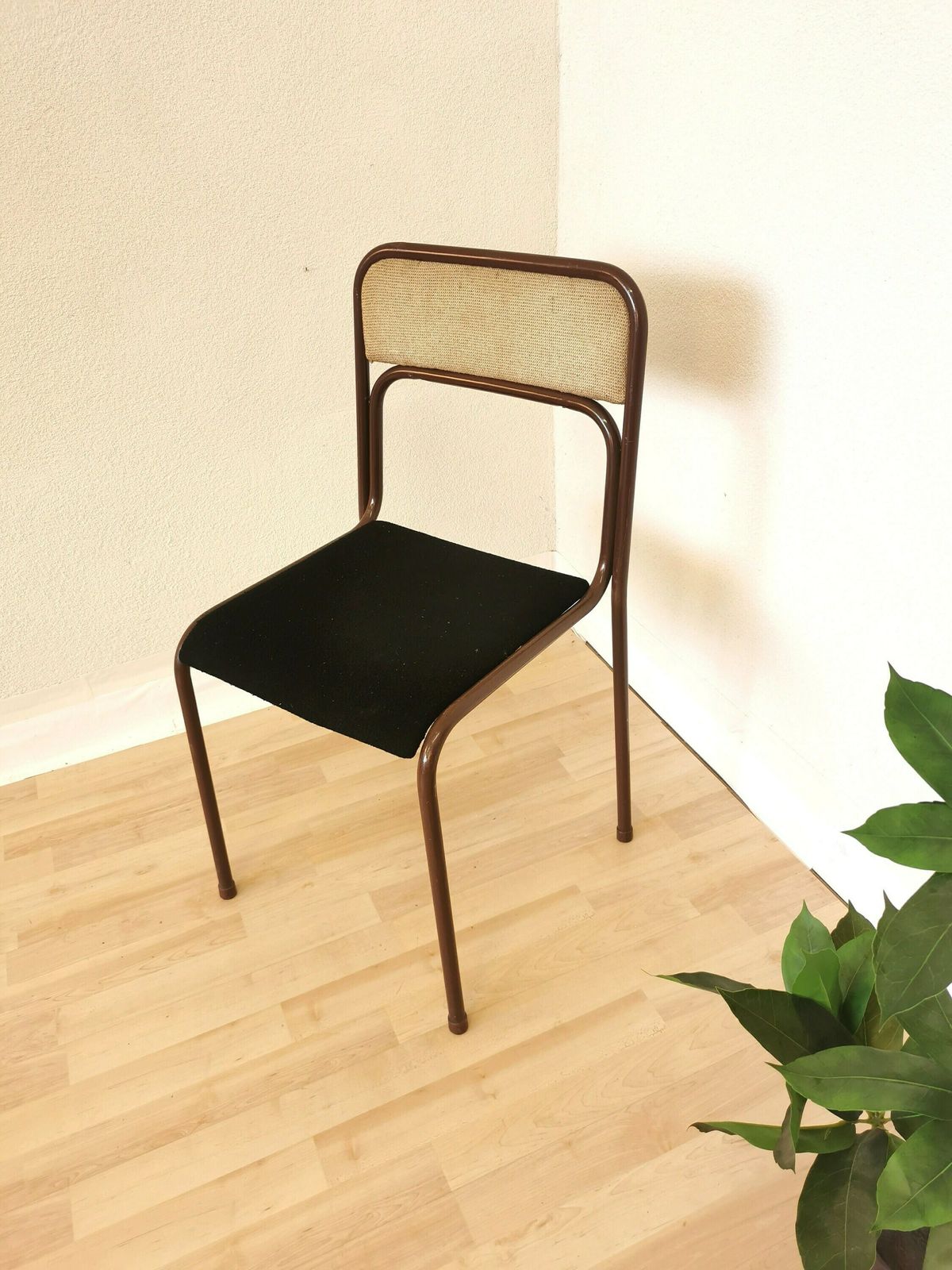 Vintage Brown Metal Dine Chair With Retro Brown And Black Fabric /1970s, Yugoslavia / Baša / Space Age Dining / Stackable Chrome Tubular