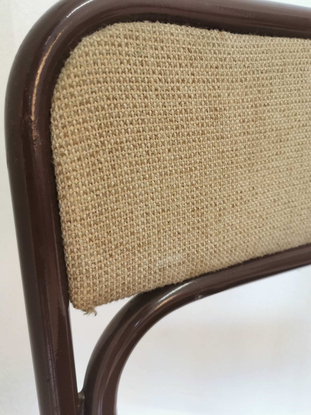 Vintage Brown Metal Dine Chair With Retro Brown And Black Fabric /1970s, Yugoslavia / Baša / Space Age Dining / Stackable Chrome Tubular photo vintage