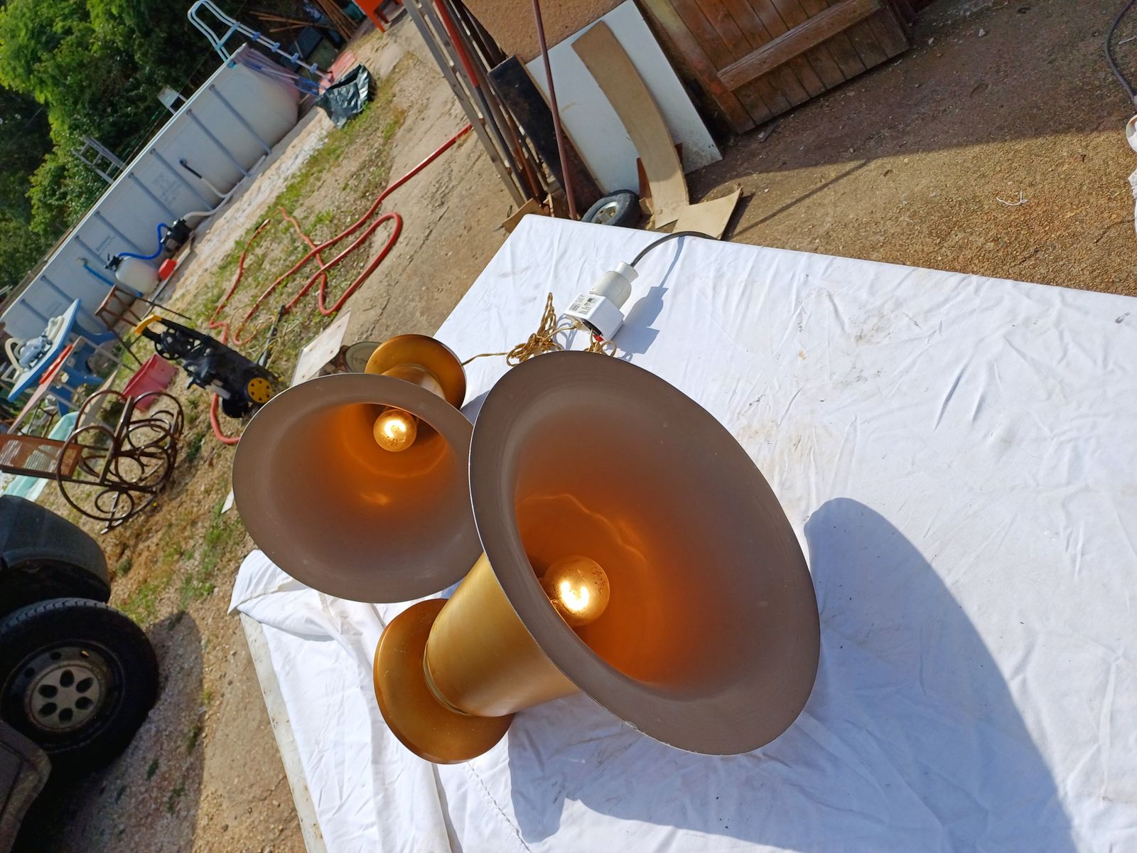 Pair Of Golden Aluminum Lamps From The 1960s photo for sale