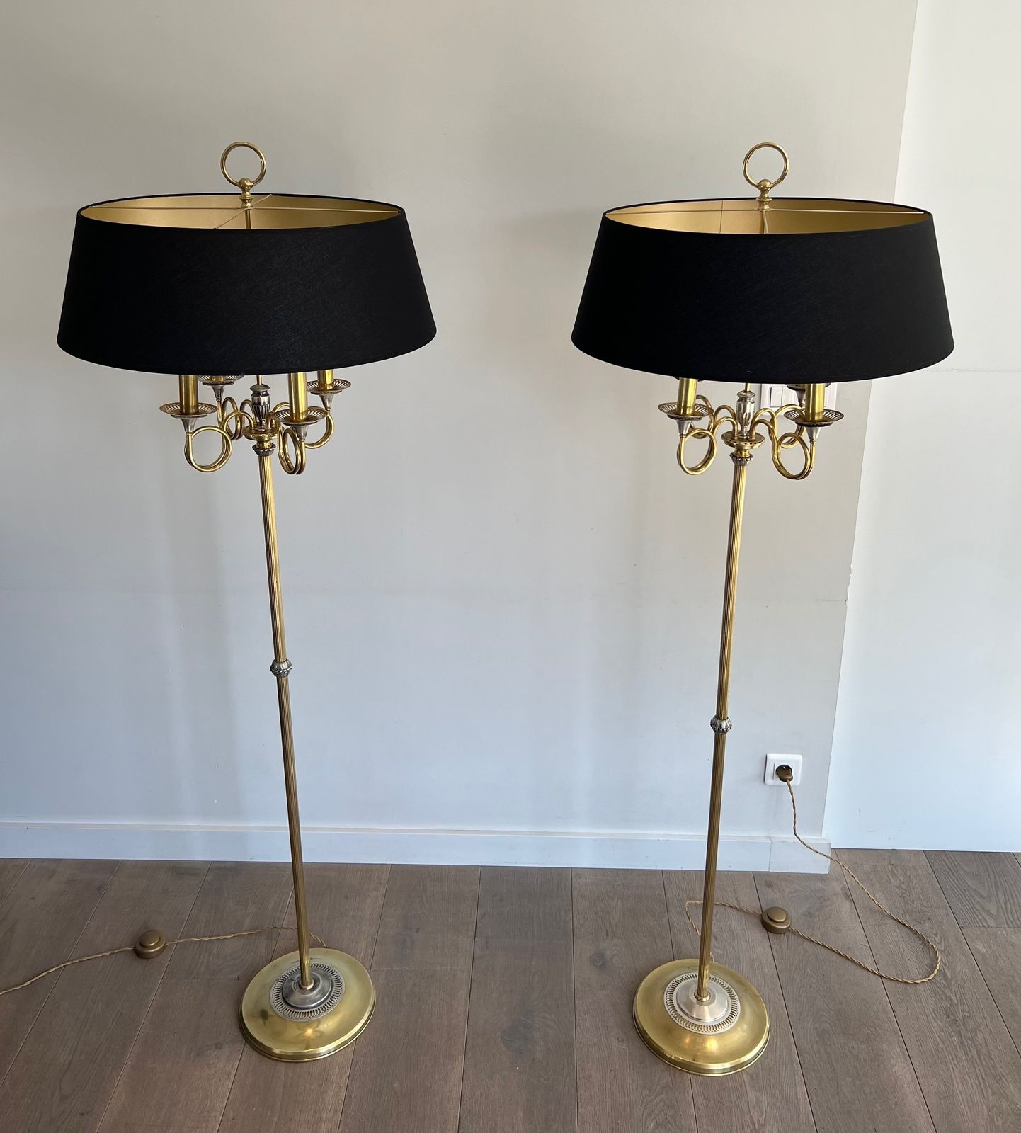 Pair Of Parquet Floor Lamps In Brushed Steel And Brass. In The Style Of Maison Charles