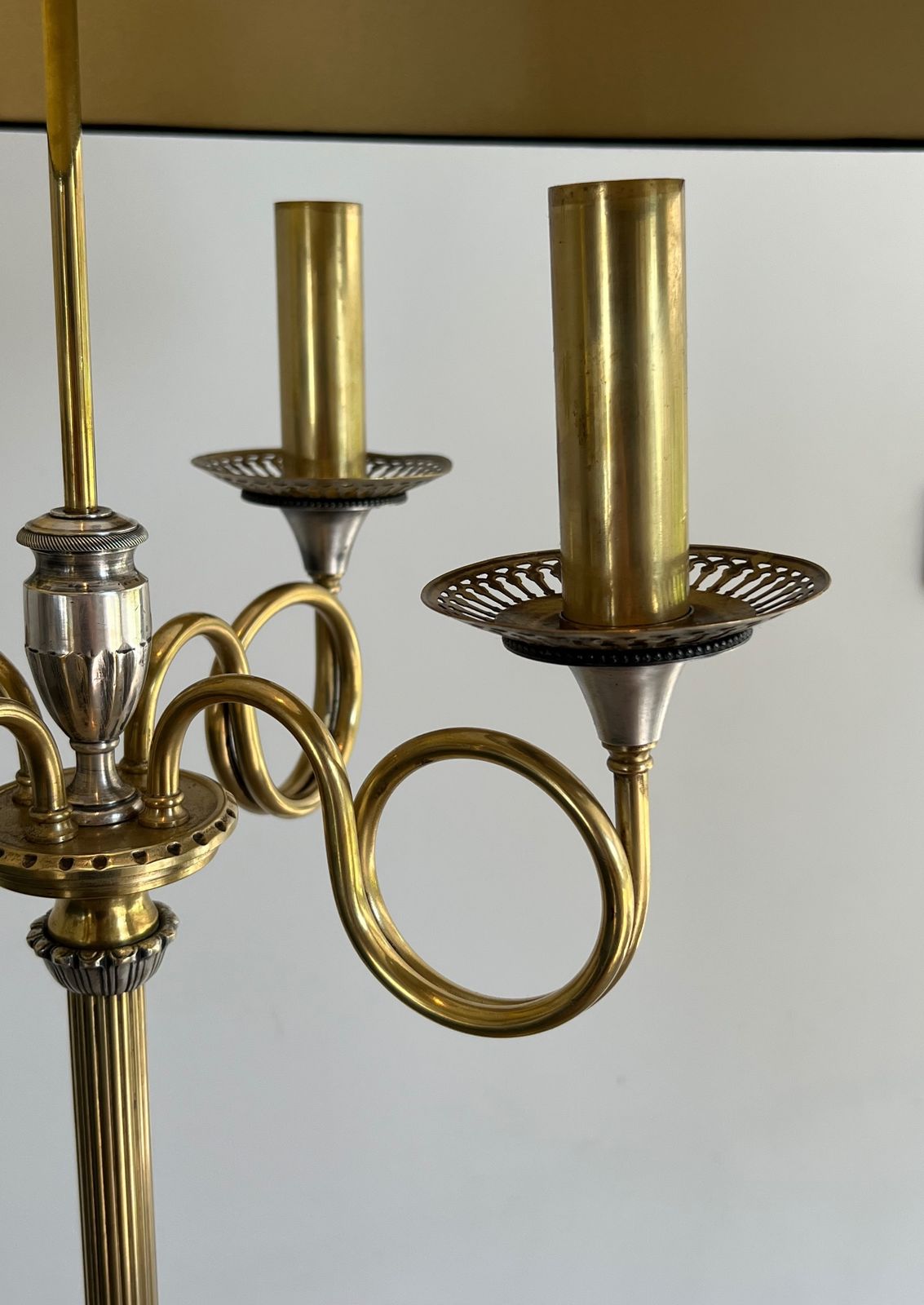 photo for sale Pair Of Parquet Floor Lamps In Brushed Steel And Brass. In The Style Of Maison Charles
