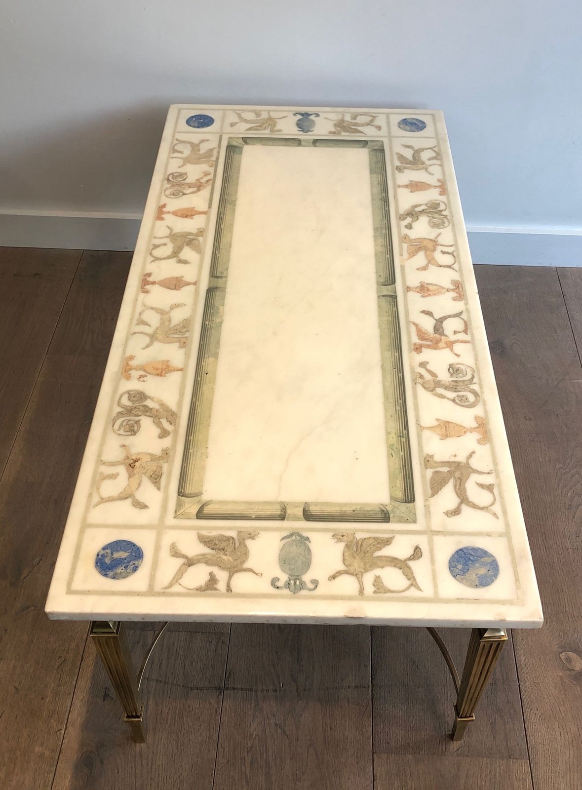 Neoclassical Style Coffee Table In Bronze And Brass With Marble Top Decorated With Greek Motifs photo vinterior