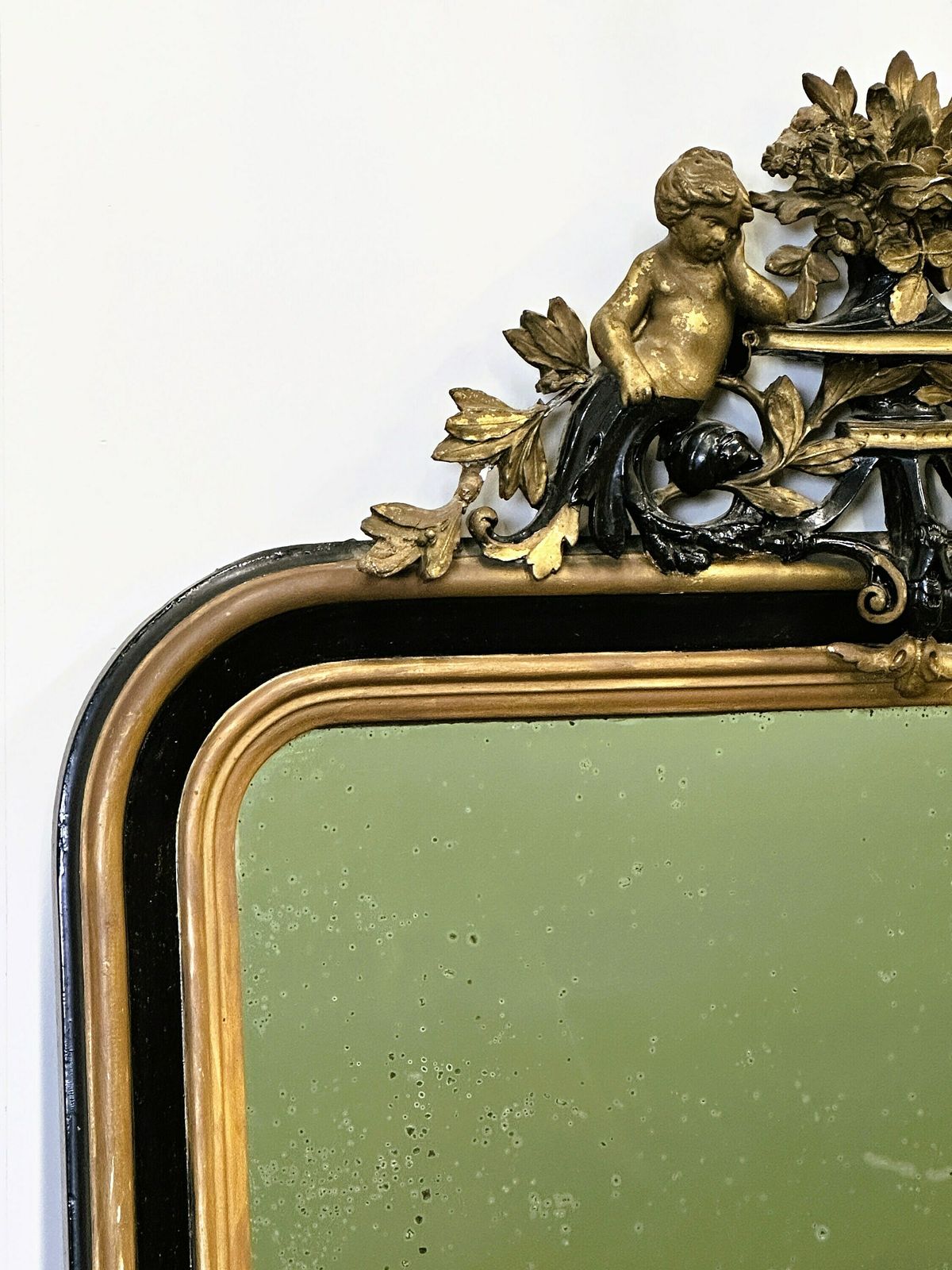 Antique 1800s Black And Gold Mirror With Cupid , France 1800s. photo buy
