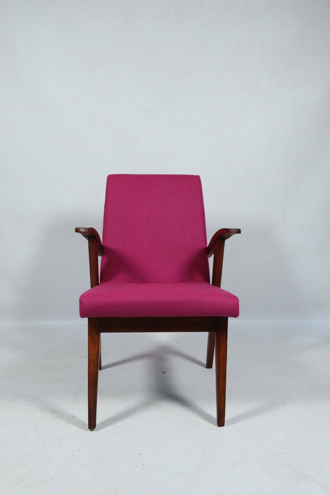 Fuchsia Wool Mid Century Armchair Wooden Lounge Chair Refurbished, 1960s, Poland photo furniture
