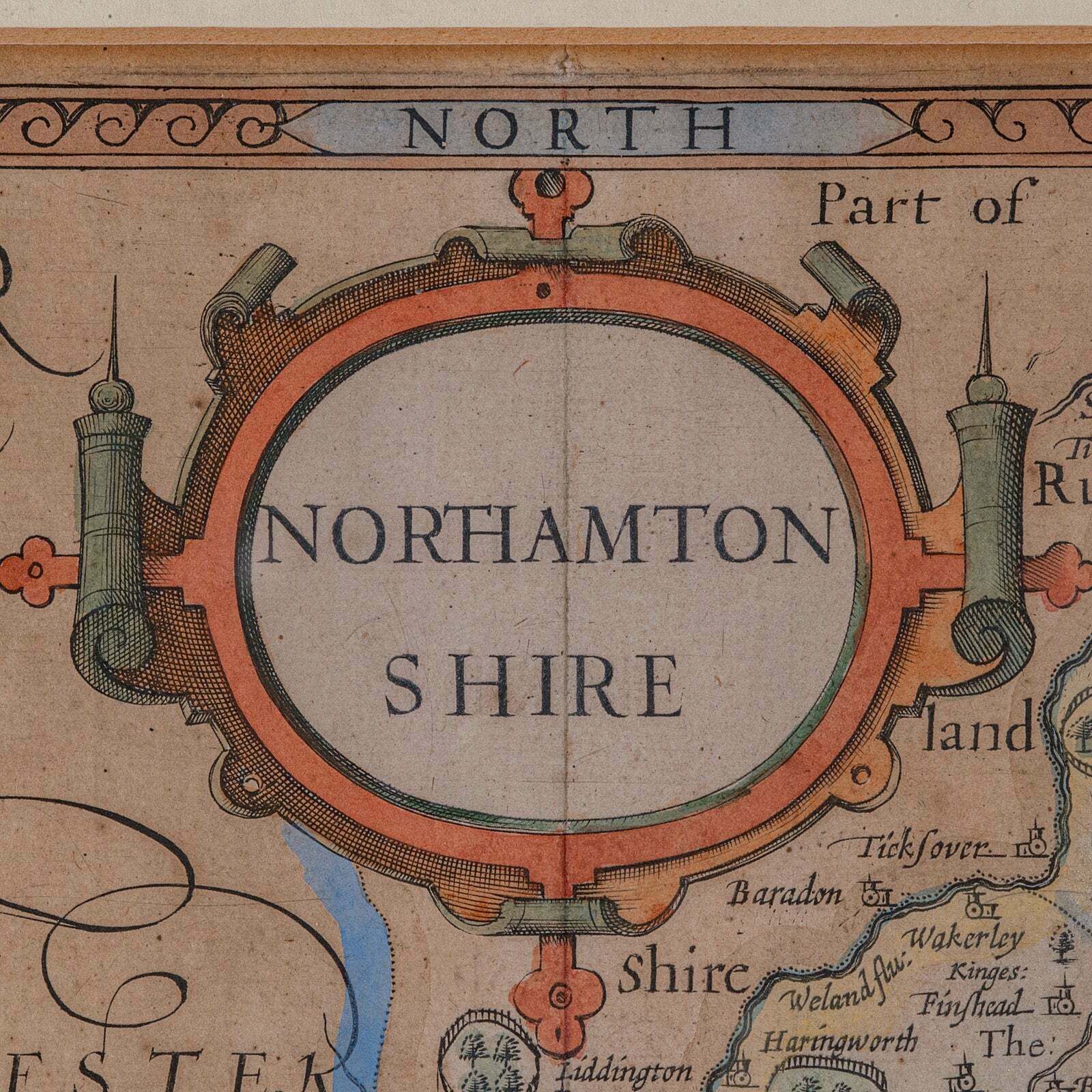 Large Antique Lithography Map, Northamptonshire, Framed Cartography, John Speed photo for sale