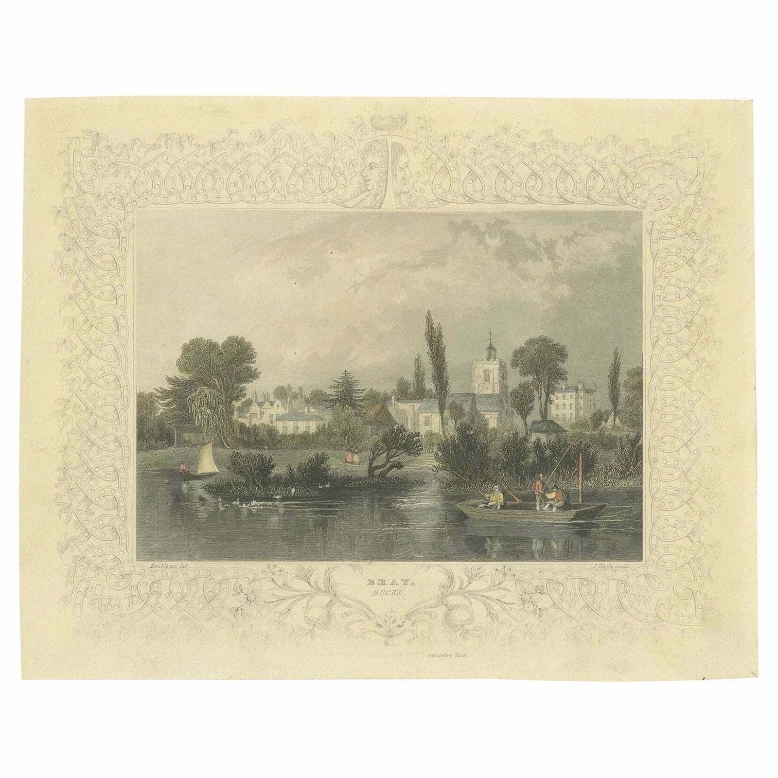 Old Print Of View Of Bray On Thames In The County Of Berkshire, England, Ca.1834