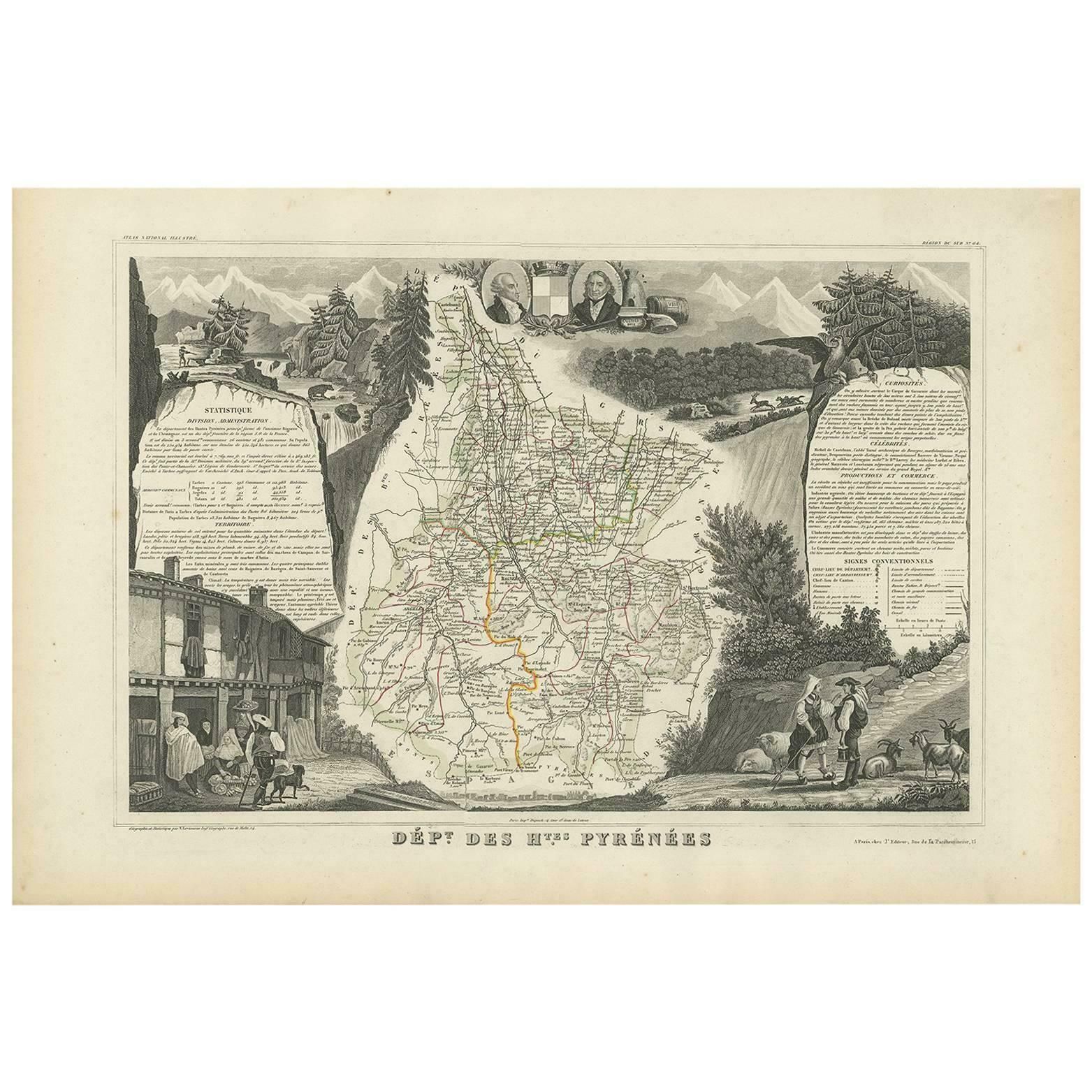 Antique Map Of The Hautes Pyrenees 'France' By V. Levasseur, 1854