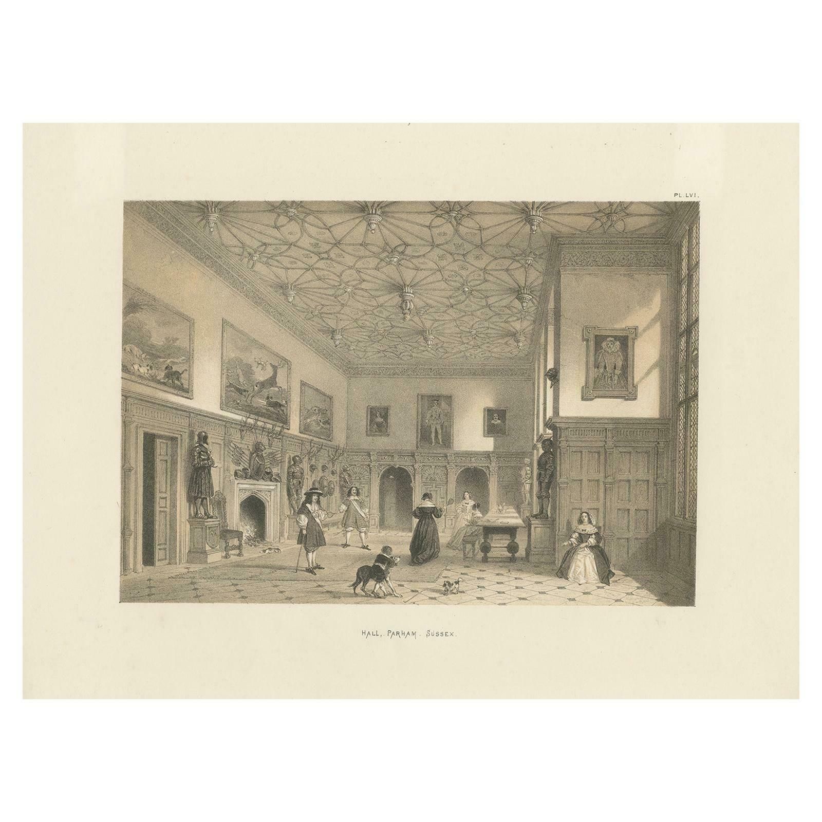 Antique Print Of The Great Hall Of Parham House By Nash, Circa 1870