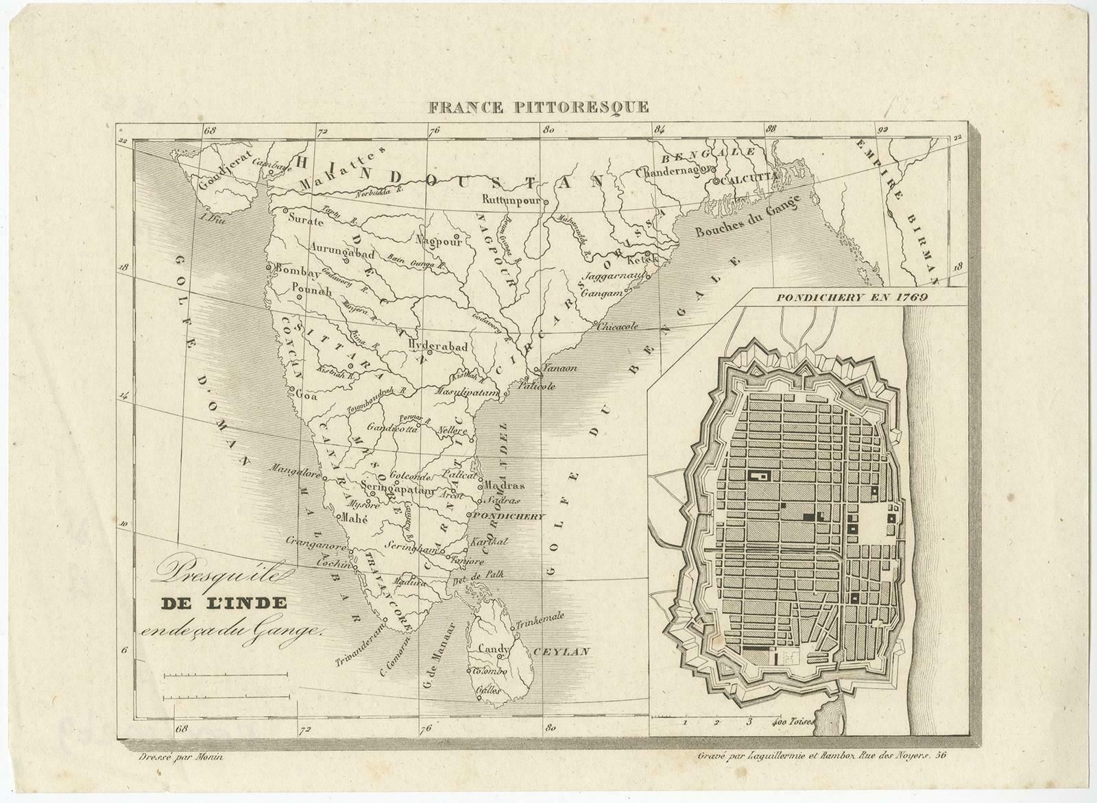French Antique Map Of India With An Inset Of Pondicherry, 1835 photo furniture