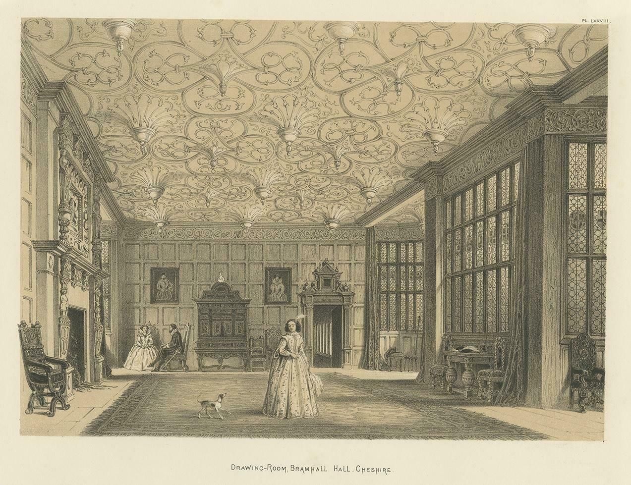 Antique Print Of The Drawing Room Of Bramhall Hall By Nash, Circa 1870 photo for sale